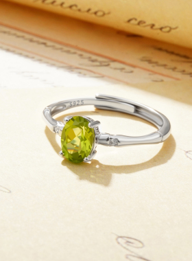 椭圆形天然橄榄石女戒指S925纯银