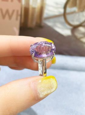 天然原矿紫水晶925纯银戒指女