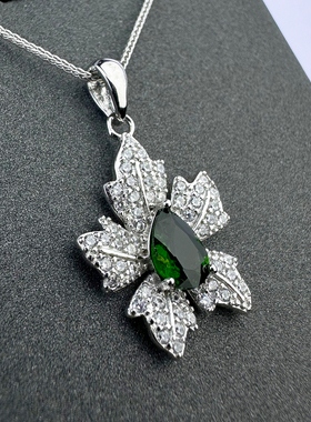 天然透辉石枫叶吊坠女S925银项链