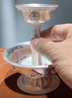 纯银999足银镀金护法杯藏式八吉祥雕花供茶供酒底盘可定纯金镀金