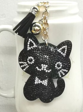 韩国绒流苏镶钻猫咪钥匙扣 水钻卡通挂件 包包汽车创意配饰