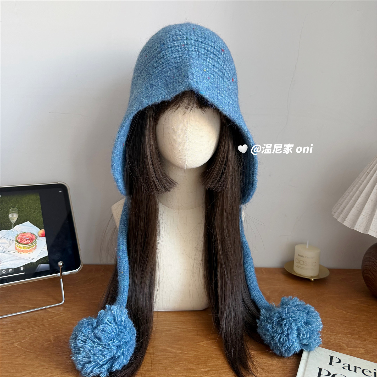 冬日初见~可爱减龄ins毛球蓝色巴拉克拉法帽女冬防寒护耳针织帽潮,淘宝优惠券,粉丝福利购,淘宝优惠卷