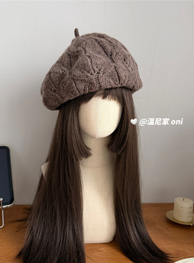 100纯羊毛~复古柔软麻花针织羊毛贝雷帽女宽松 显脸小毛线画家帽