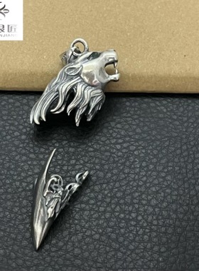 越轩银匠s925银狼牙形大狗牙镶嵌吊坠醒狮子情侣挂件配件复古男女