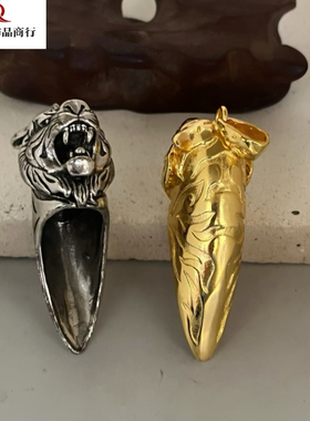 越轩银匠银大号虎头吊坠挂件熊牙套包银镶嵌订制款虎牙套金色虎头