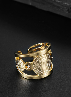 亚马逊欧美圣本笃驱魔牌开口钛钢男士戒指环不锈钢手饰品厂家直销