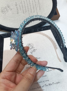 高级感水晶花朵发箍满钻发箍头箍压发圈刘海发箍花朵发饰头箍兰色