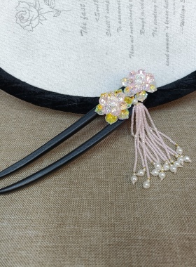 水晶花朵发高级感U形发簪后脑勺盘发发饰头饰粉色花朵流苏发簪