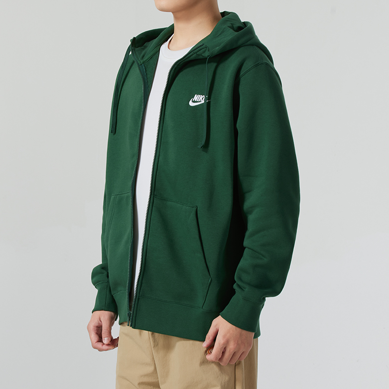 NIKE耐克冬季加绒保暖两件套男装绿色连帽卫衣束脚长裤子运动套装