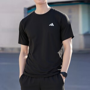 阿迪达斯黑色短袖长裤男装夏季运动套装跑步健身训练服透气T恤
