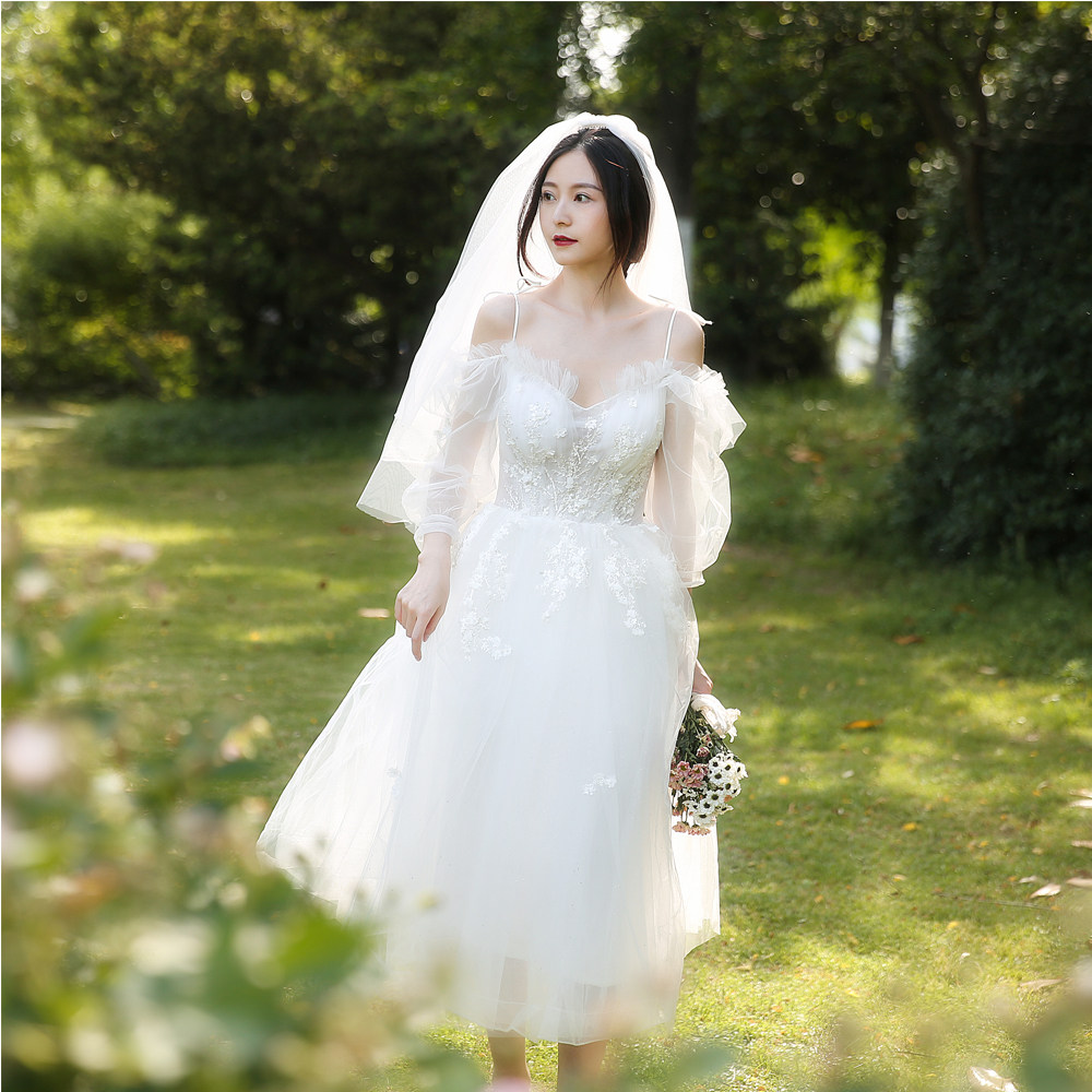 【白小仙】旅拍轻婚纱森系超仙吊带小个子新娘结婚出门纱小礼服秋 - 图3