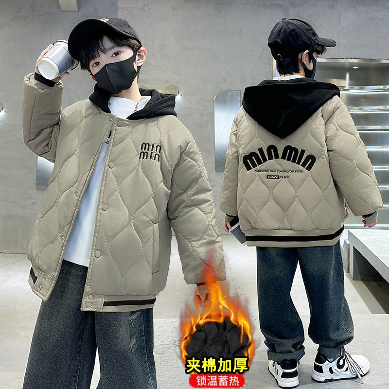 2025秋冬中大童字母棉服加厚开衫上衣儿童宽松休闲连帽保暖棉衣 - 图1