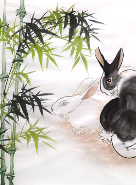 装饰画手绘国画十二生肖兔子画