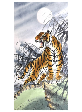 手绘十二生肖老虎图竖幅100x50上山虎画绘制下山虎国画客厅虎挂画