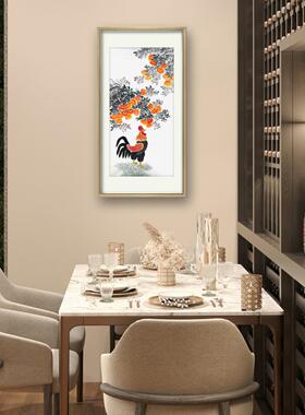 手绘公鸡图雄鸡天下白水墨画大红柿子齐白石风格柿子画50x100挂画