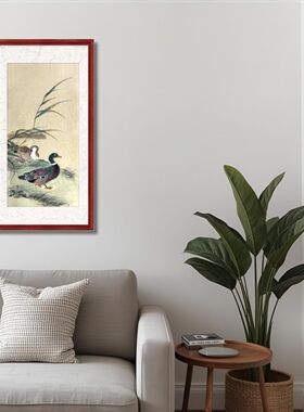 鸭子画 手绘溪芦野鸭图 双鸭画 芦苇画 中式宣纸竖幅水墨鸭子国画