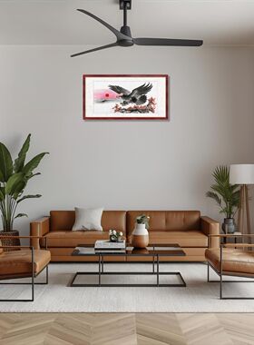 雄鹰手绘国画 手绘旭日东升老鹰展翅翱翔图案 大展宏图宣纸装饰画