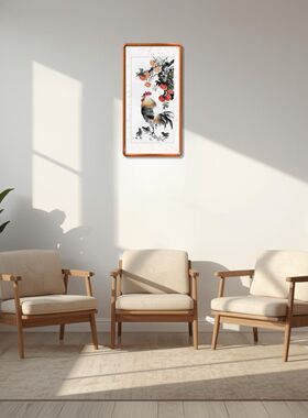 金鸡报晓画 手绘公鸡画 柿子画 事事如意国画 雄鸡一声天下白挂画