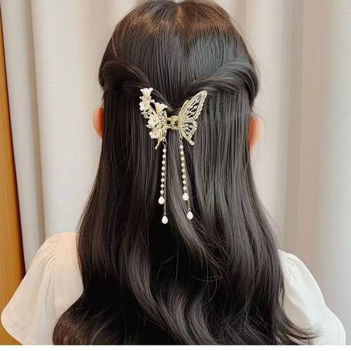 半抓蝴蝶鲨鱼夹超仙流苏珍珠发夹后脑勺高级气质马尾半夹发卡抓夹 - 图2