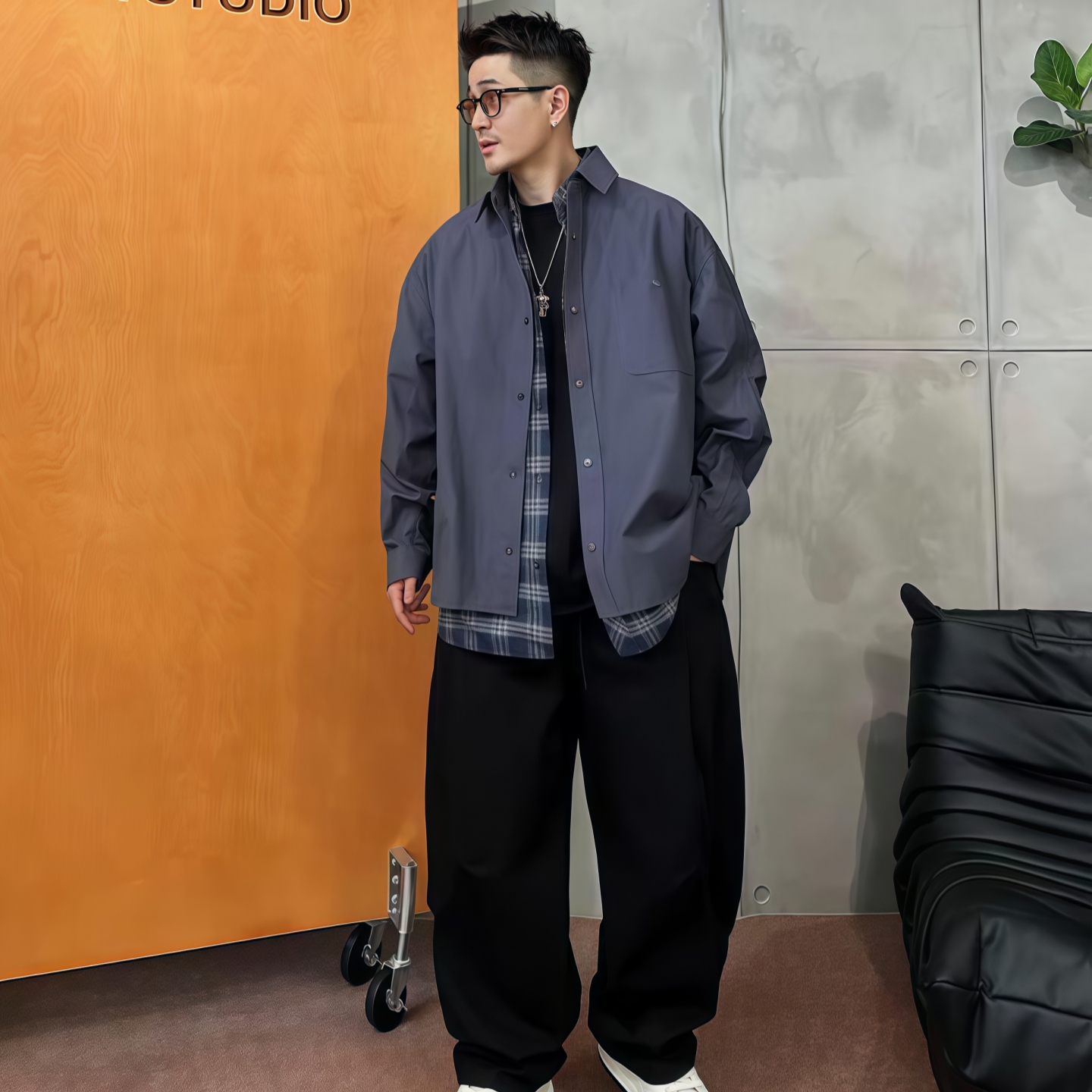 【直播间同款】秋季百搭高街假两件设计格子衬衫男士韩版时尚外套 - 图3