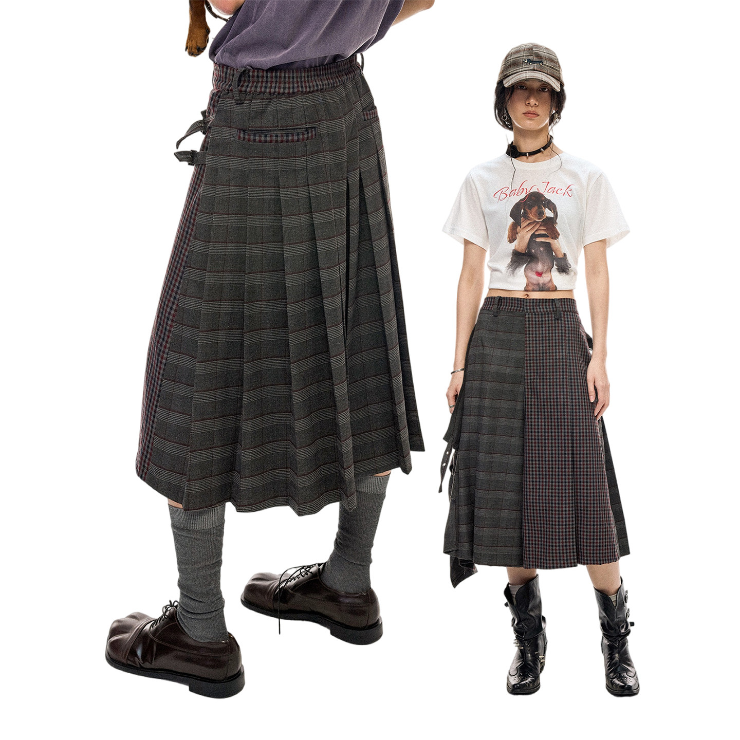 物理少年「潮汐经纬」后片压褶格纹复古半松紧腰宽松大版型裙裤,淘宝优惠券,粉丝福利购,淘宝优惠卷
