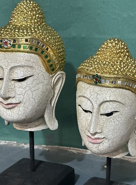 东南亚风格工艺品金箔佛头摆件手工实木雕刻摆饰佛像佛脸装饰摆设