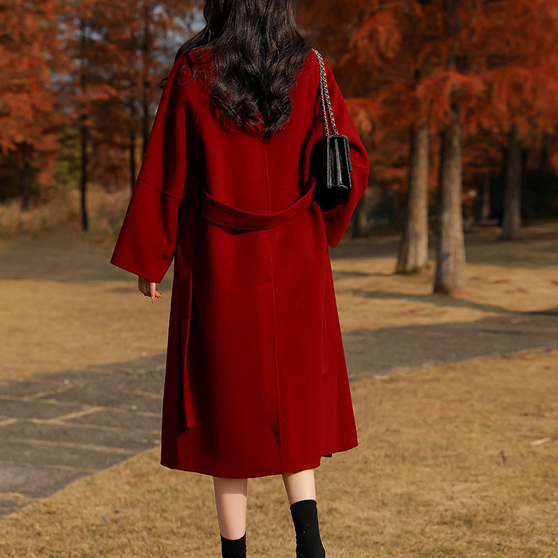 高级感酒红色双面羊毛大衣女过膝系带新娘结婚过年新年毛呢外套女,淘宝优惠券,粉丝福利购,淘宝优惠卷