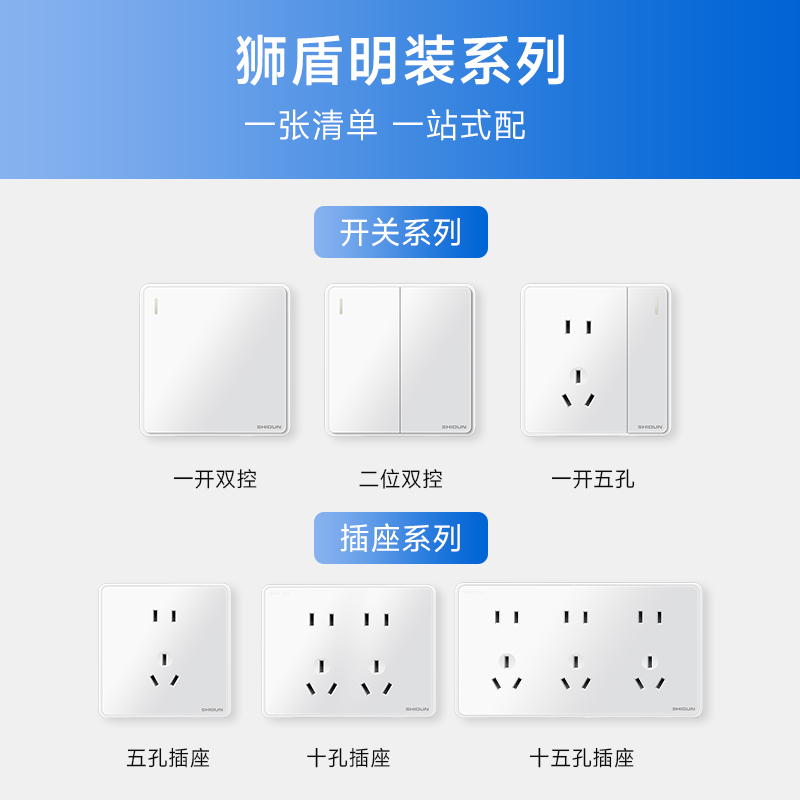 狮盾明装开关插座一开五孔多孔超薄明线明盒家用十五孔插座面板-图2