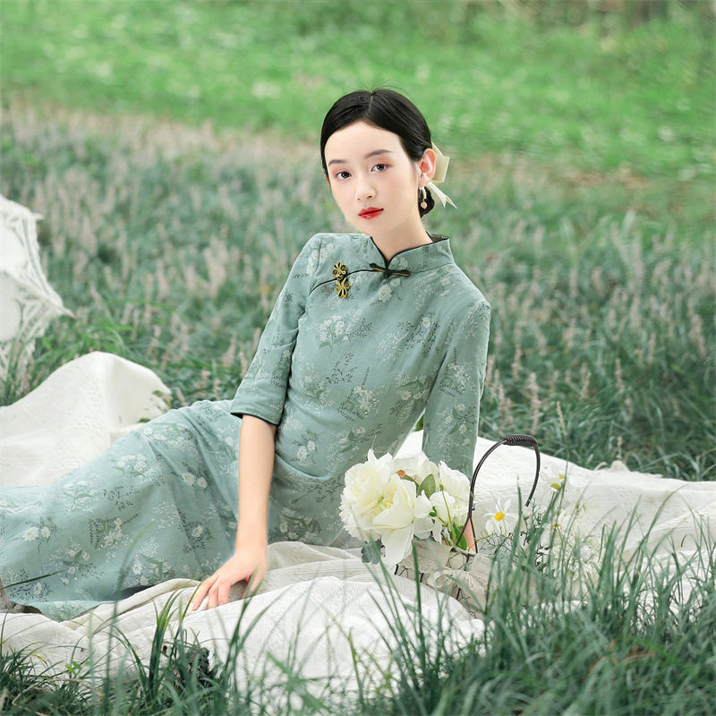 棉麻中长款旗袍七分袖改良连衣裙 居前旗袍