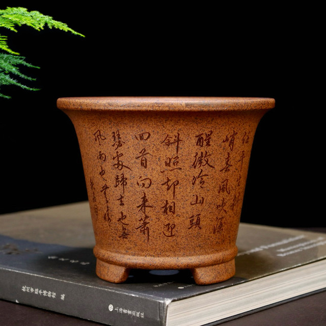 High-quality wood-fired purple clay flowerpot, small orchid, succulent calamus, cloud bamboo, golden marble bonsai pot, desktop green plant ceramic pot
