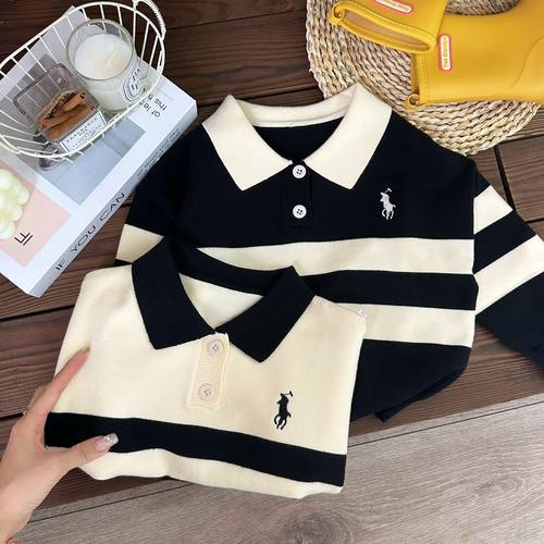 2025秋冬新款儿童翻领条纹毛衣男女童休闲针织保暖洋气POLO衫毛衫 - 图1