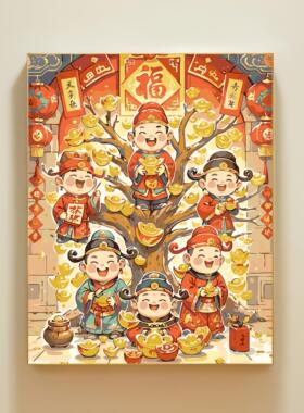财神爷柿柿如意丙烯数字油画