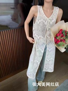 ແບບຈີນແຜ່ນ buckle lace hollow knitted sleeveless vest dress ຂອງແມ່ຍິງ dress ໃຫມ່ຈີນແບບຊັ້ນນອກ layering blouse ແບບຍາວ