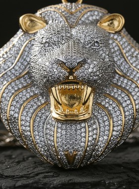 欧美街头嘻哈吊坠男S925纯银狮子头项链潮牌小众重工潮流说唱配饰