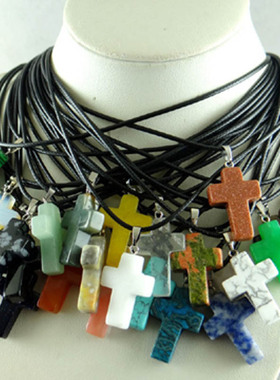 天然水晶半宝石十字架项链吊坠