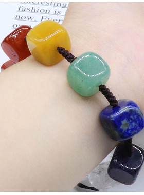 天然水晶石头 手工编织手链 紫晶青金虎眼石七色方块石特色手串