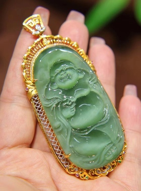 和田玉藏品级碧玉猫眼正装豪镶超大佛公吊坠