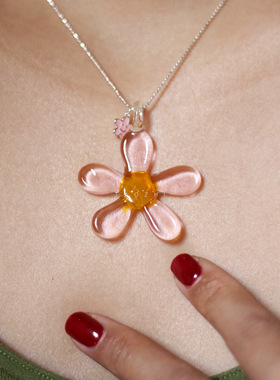 桃之琉璃大花纯银项链