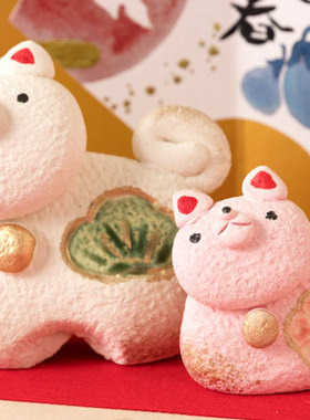 日本 瀬戸烧の置物 陶器の置物 摆件 弥生窑　親子　戌飾 亲子狗