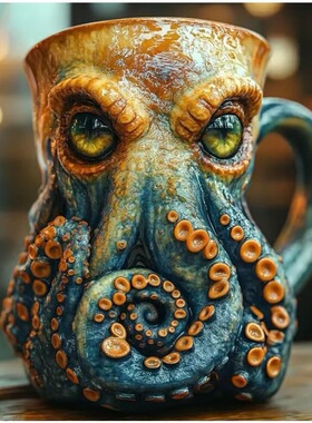 亚马逊新款Deep Blue Octopus Mug 家居深蓝色章鱼树脂马克咖啡杯