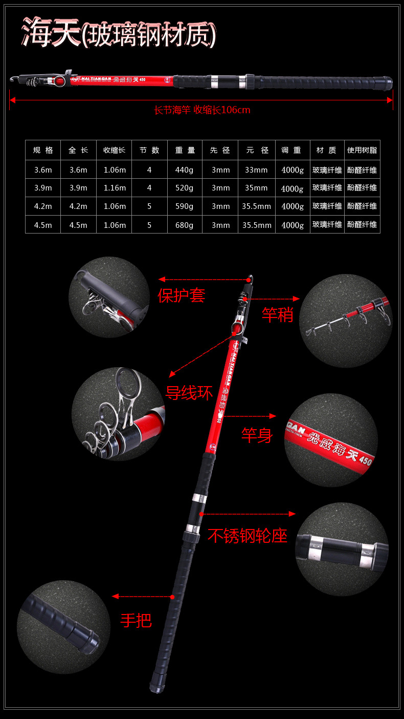 光威海竿 新海天 老海天远投抛竿锚杆鱼竿碳素玻璃钢超硬调海竿