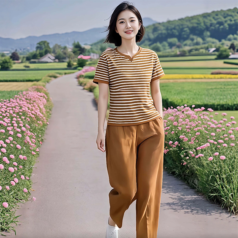 素雅订制品牌女装旗舰店高级感条纹t恤上衣超好看运动休闲两件套,淘宝优惠券,粉丝福利购,淘宝优惠卷