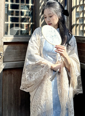 春夏季薄款中式旗袍披肩女外搭汉服连衣裙镂空拍照蕾丝中长款开衫