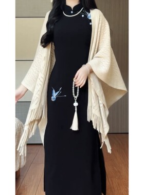 民国风针织流苏旗袍披肩女苏州绍兴旅游穿搭外搭裙子文艺日常披巾