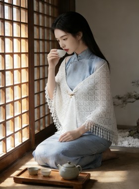 新中式旗袍披肩女外搭礼服夏季气质白色镂空日常开衫薄款蕾丝外套