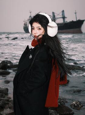 复古酒红色针织毛线围巾女冬本命新年氛围感威海旅游加厚保暖围脖