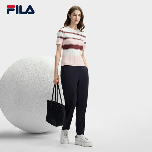 FILA 斐乐官方女子编织衫2024秋季新款时尚休闲撞色条纹短袖上衣 - 图2