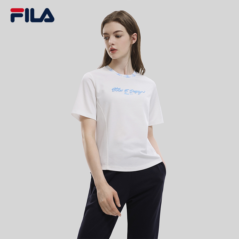 FILA Emerald斐乐女子针织短袖衫2023秋季新款时尚休闲宽松短T恤 - 图0