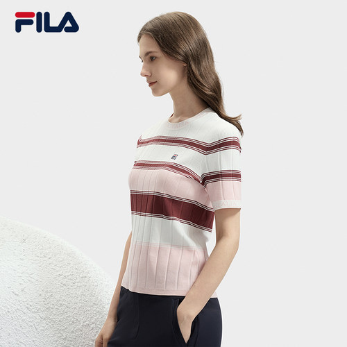 FILA 斐乐官方女子编织衫2024秋季新款时尚休闲撞色条纹短袖上衣 - 图0
