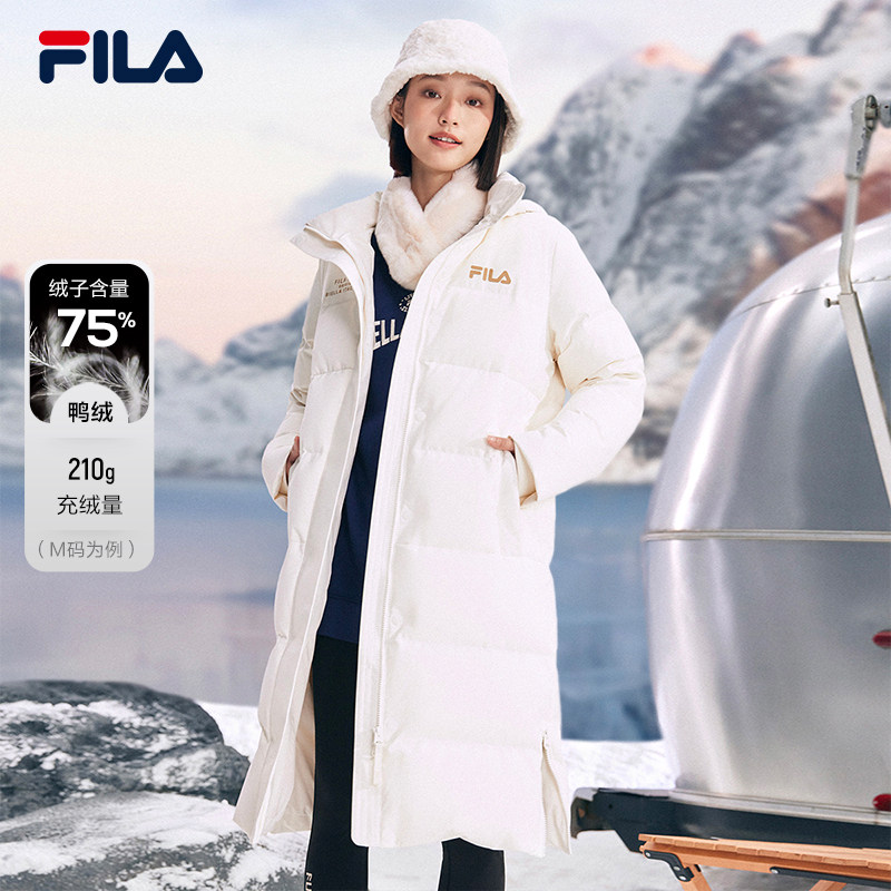 FILA斐乐女士长款羽绒服冬季休闲时尚简约过膝连帽上衣保暖女外套